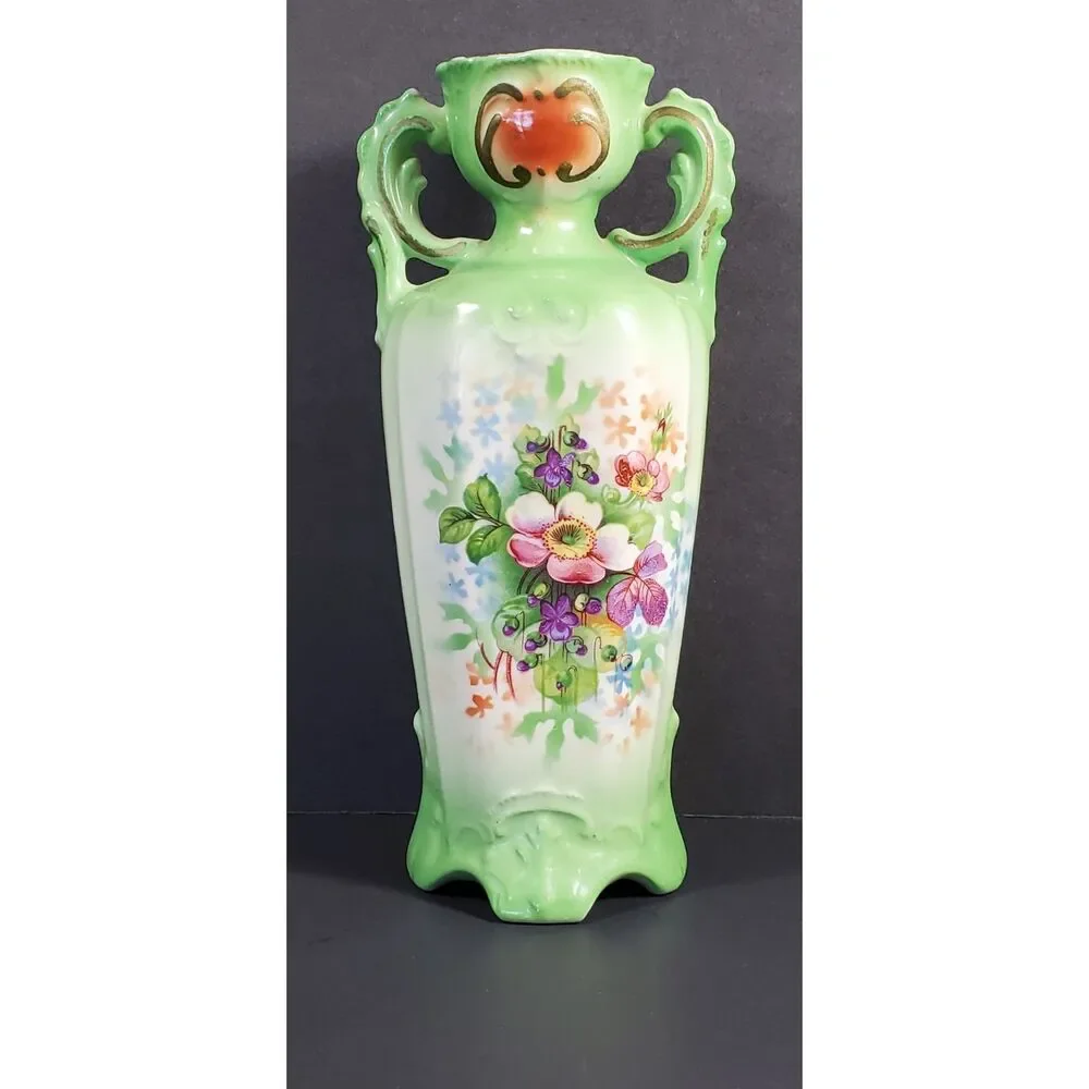 Vintage Green Floral Double Handle Made in Czechoslovakia Porcelain Vase Urn